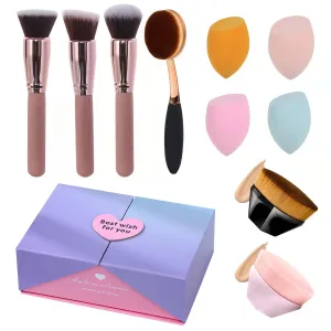 10 Pcs Multifunctional Foundation Brush Set, Gift Box Packaging, Travel Kabuki Brush for Women, Foundation Makeup Brush For Liquid, Buffing, Stippling Brush, Cream