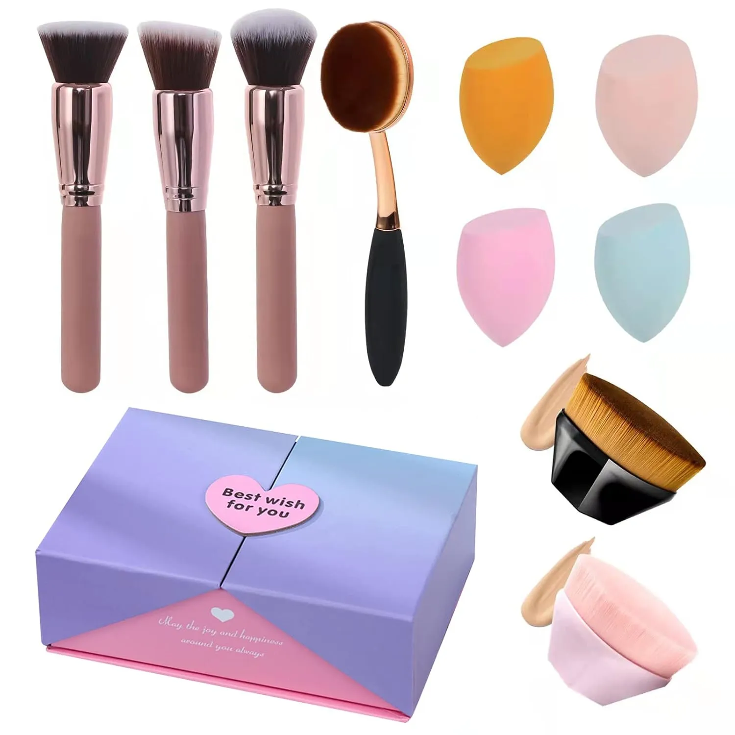 10 Pcs Multifunctional Foundation Brush Set, Gift Box Packaging, Travel Kabuki Brush for Women, Foundation Makeup Brush For Liquid, Buffing, Stippling Brush, Cream