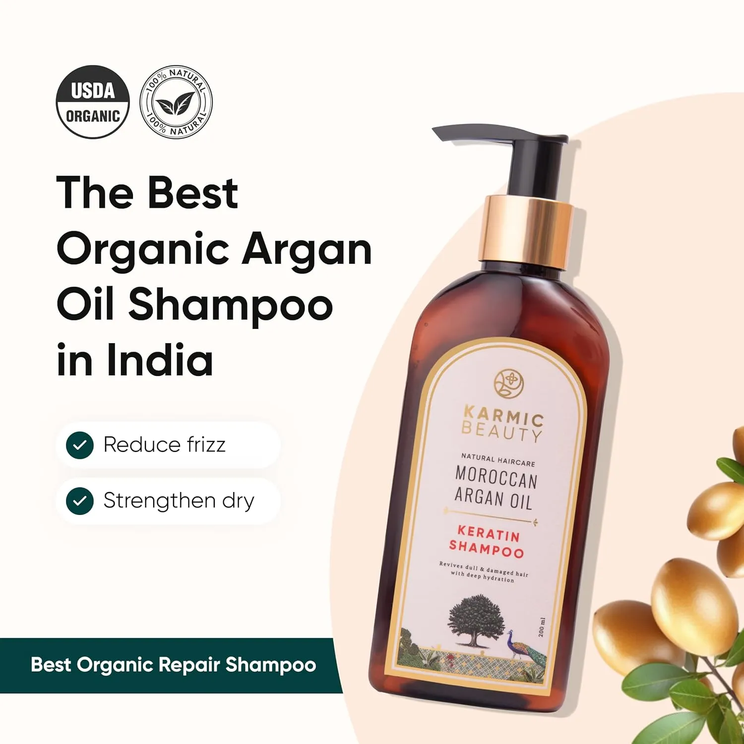 100% Organic Moroccan Argan Oil & Hydrolyzed Keratin Shampoo | For Dry, Damaged & Colored Hair | Repairs & Nourishes Hair | Sulfates, Silicones & Parabens Free | 200 ml