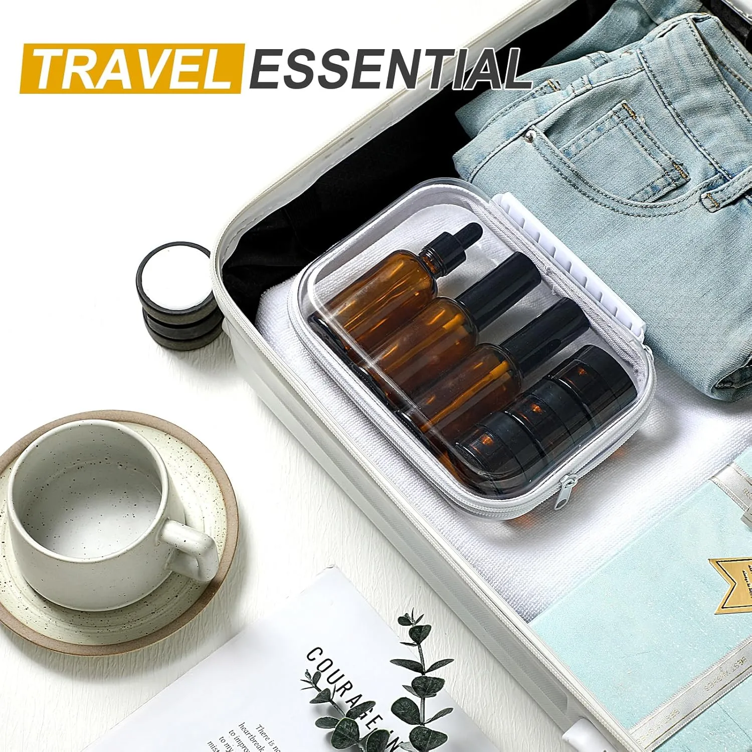 11 Pcs Glass Travel Bottles with Clear Hard Zipper Case Skin Care Containers Travel Size Mini Makeup Containers Tsa Approved with Pump Spray for Liquid Toners Serum Cream(Brown,Style 2)