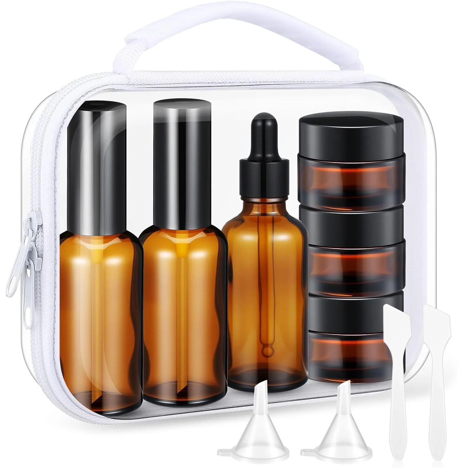 11 Pcs Glass Travel Bottles with Clear Hard Zipper Case Skin Care Containers Travel Size Mini Makeup Containers Tsa Approved with Pump Spray for Liquid Toners Serum Cream(Brown,Style 2)