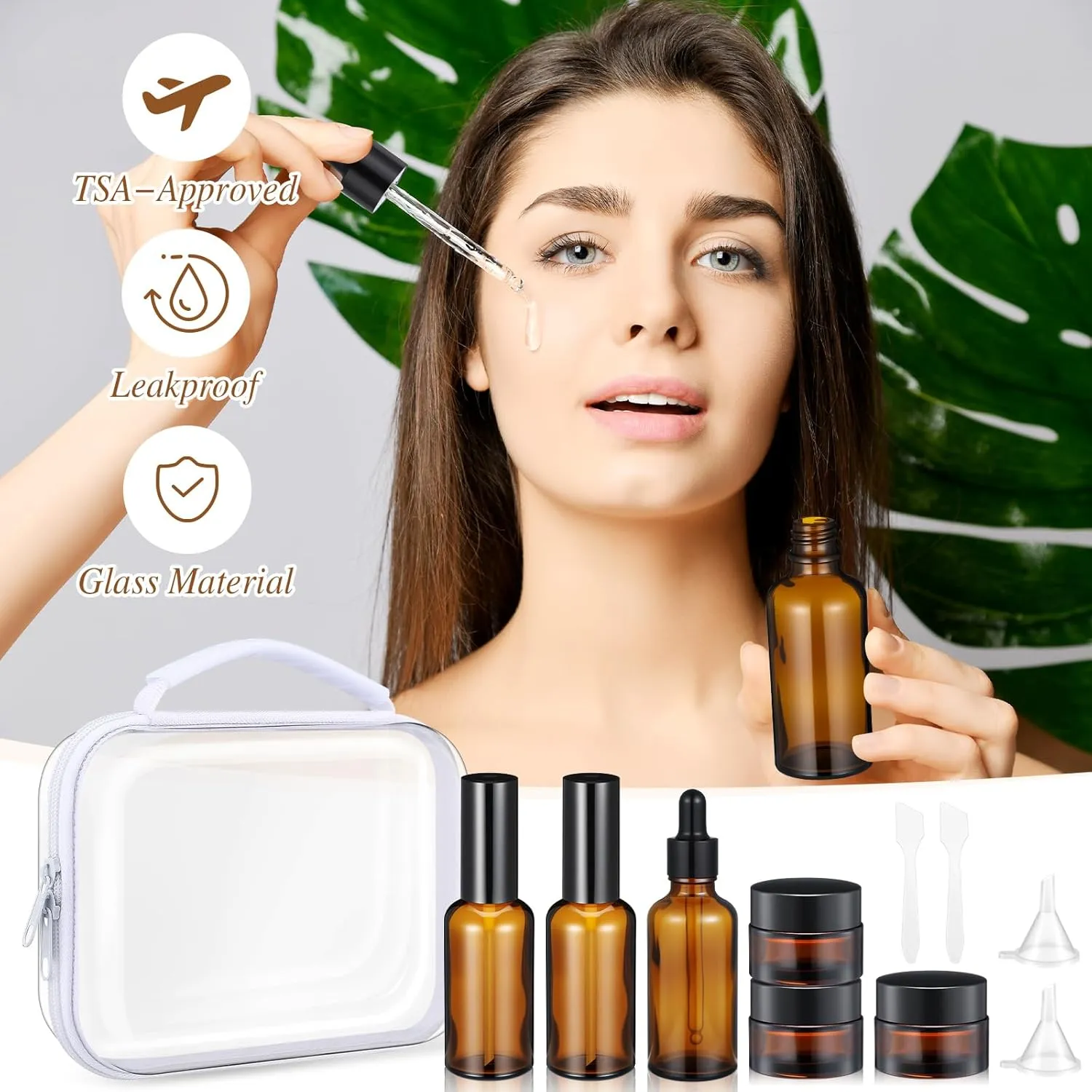 11 Pcs Glass Travel Bottles with Clear Hard Zipper Case Skin Care Containers Travel Size Mini Makeup Containers Tsa Approved with Pump Spray for Liquid Toners Serum Cream(Brown,Style 2)