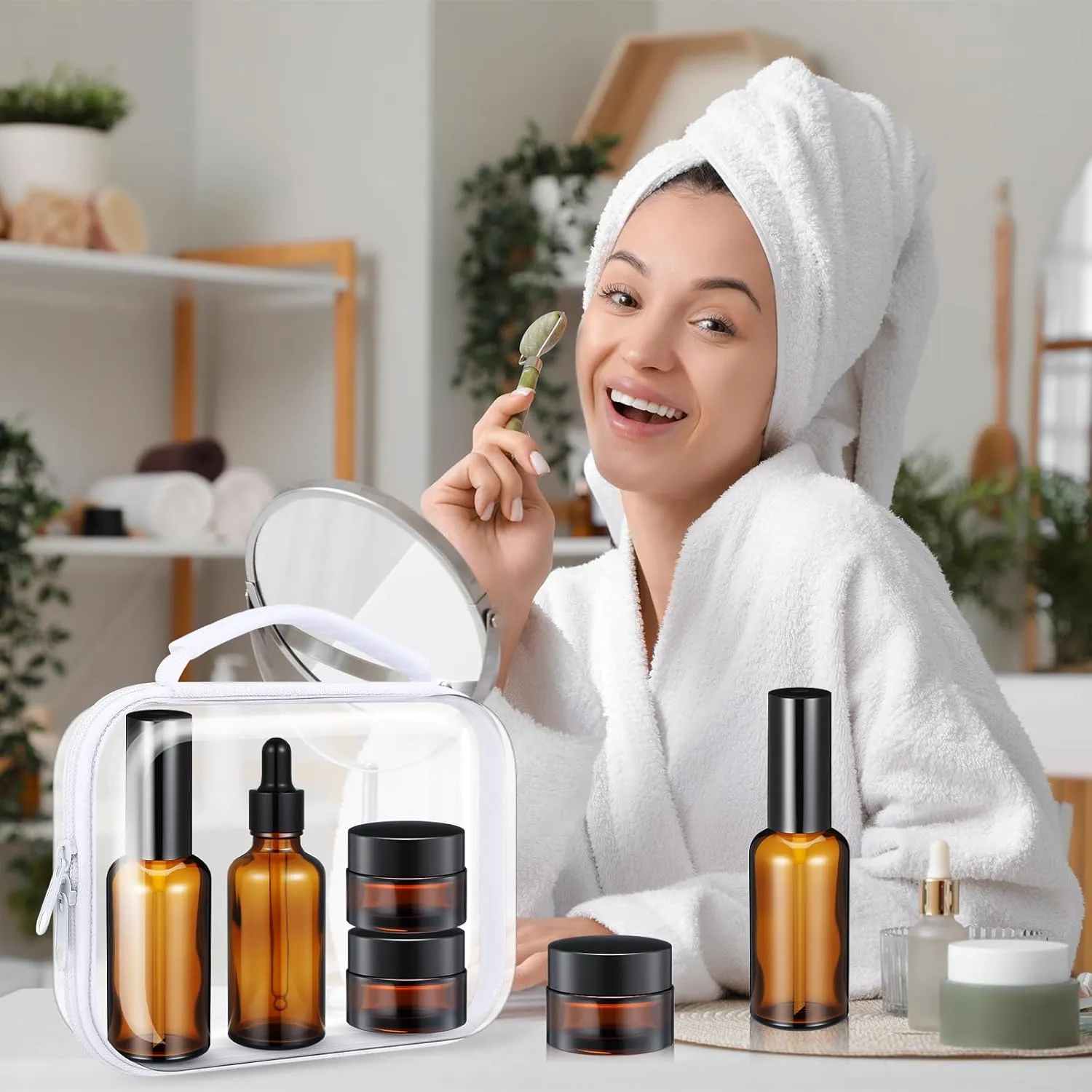 11 Pcs Glass Travel Bottles with Clear Hard Zipper Case Skin Care Containers Travel Size Mini Makeup Containers Tsa Approved with Pump Spray for Liquid Toners Serum Cream(Brown,Style 2)
