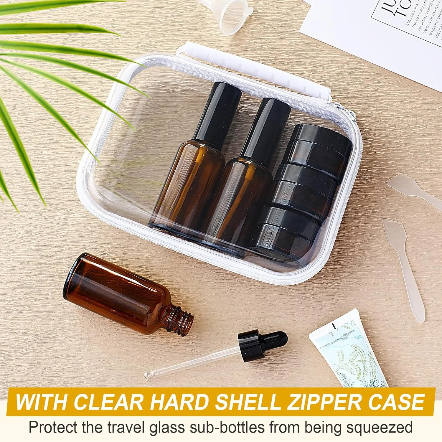 11 Pcs Glass Travel Bottles with Clear Hard Zipper Case Skin Care Containers Travel Size Mini Makeup Containers Tsa Approved with Pump Spray for Liquid Toners Serum Cream(Brown,Style 2)
