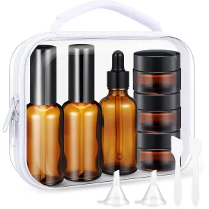 11 Pcs Glass Travel Bottles with Clear Hard Zipper Case Skin Care Containers Travel Size Mini Makeup Containers Tsa Approved with Pump Spray for Liquid Toners Serum Cream(Brown,Style 2)