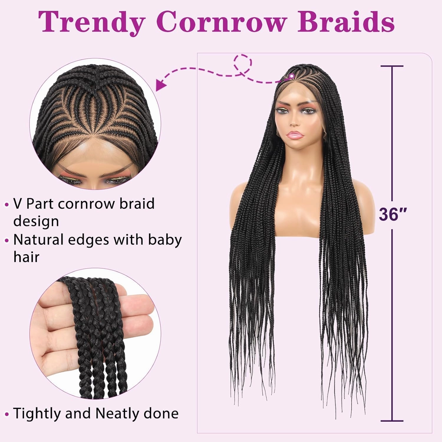 13X8 Inch HD Lace Front Cornrow Braided Wigs for Women Box Braided Wigs with Baby Hair Middle Part Premium Synthetic Lace Front Long Black Box Braid Wig 36 Inch