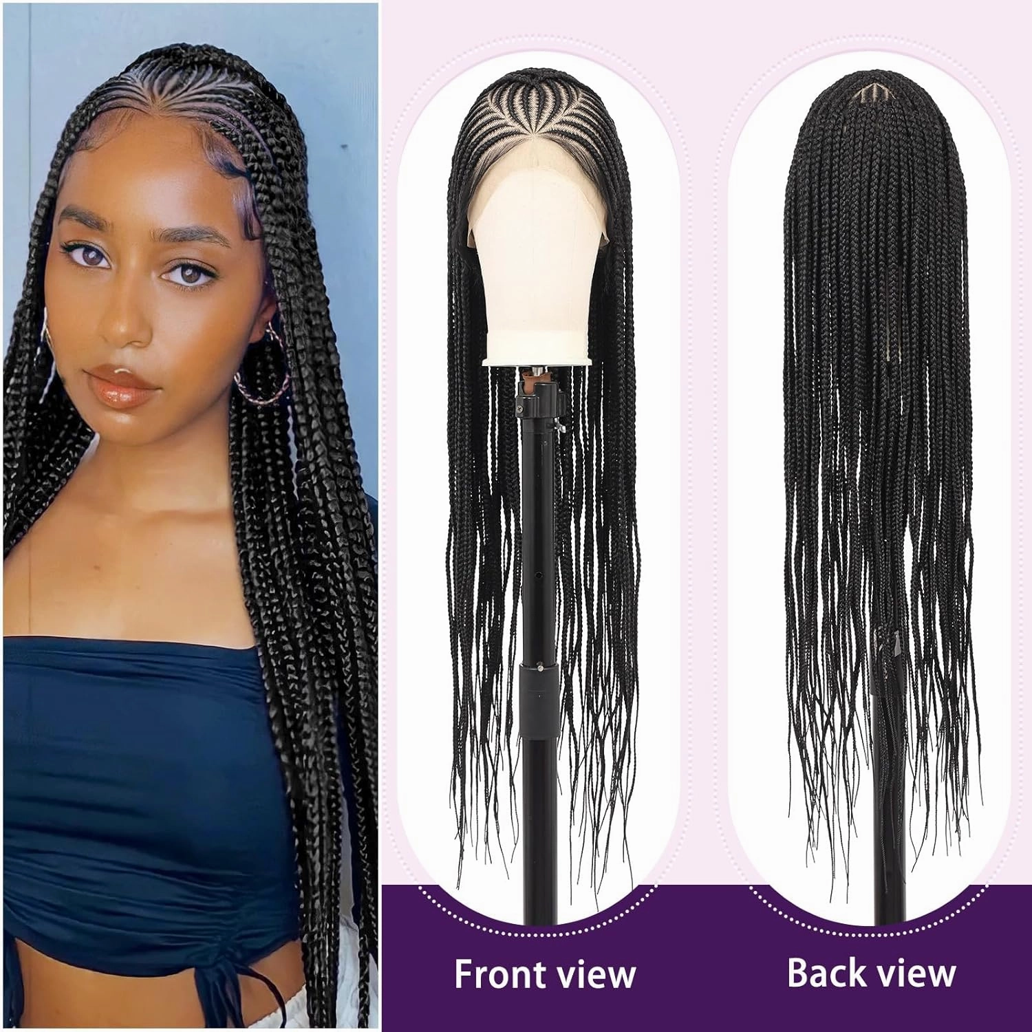 13X8 Inch HD Lace Front Cornrow Braided Wigs for Women Box Braided Wigs with Baby Hair Middle Part Premium Synthetic Lace Front Long Black Box Braid Wig 36 Inch