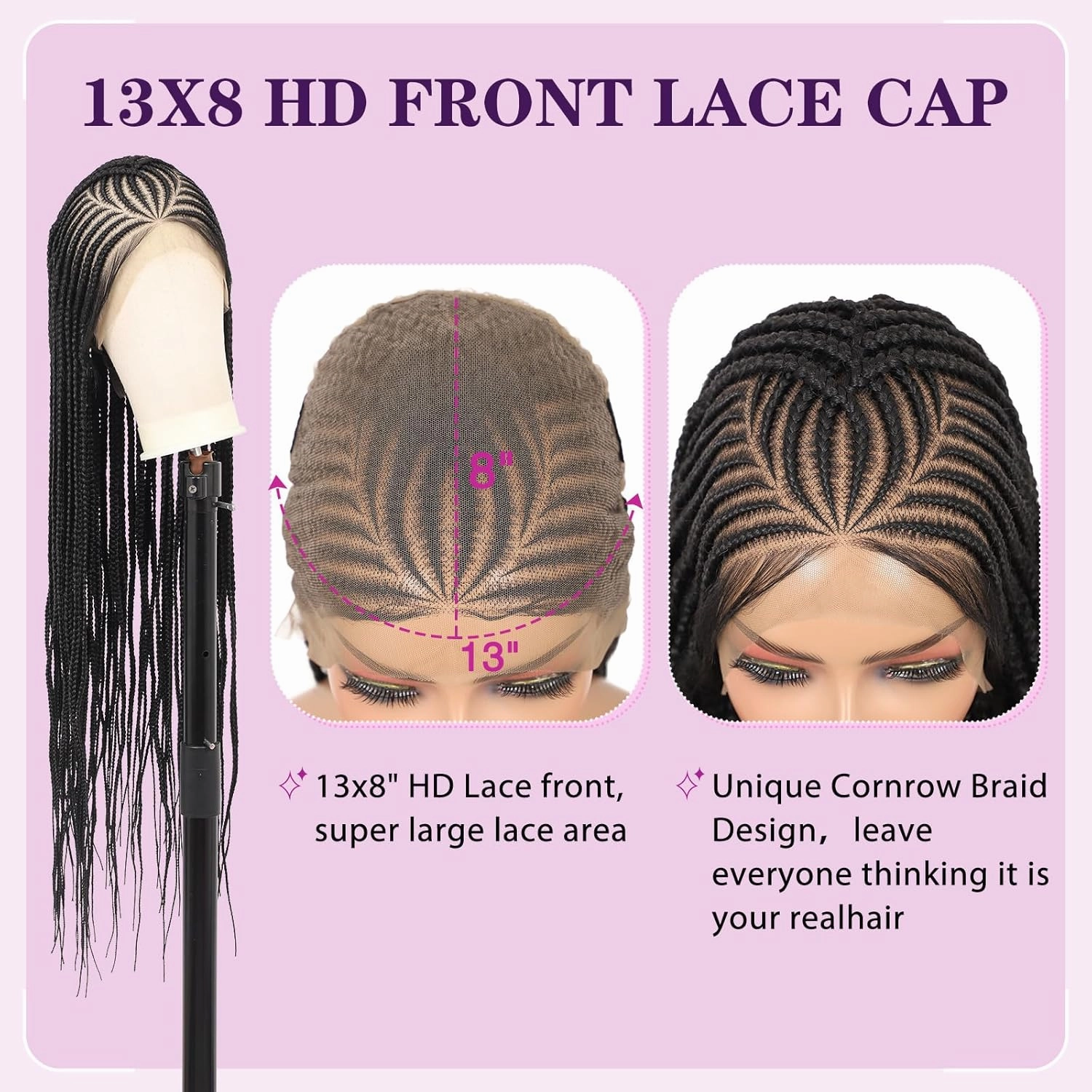 13X8 Inch HD Lace Front Cornrow Braided Wigs for Women Box Braided Wigs with Baby Hair Middle Part Premium Synthetic Lace Front Long Black Box Braid Wig 36 Inch