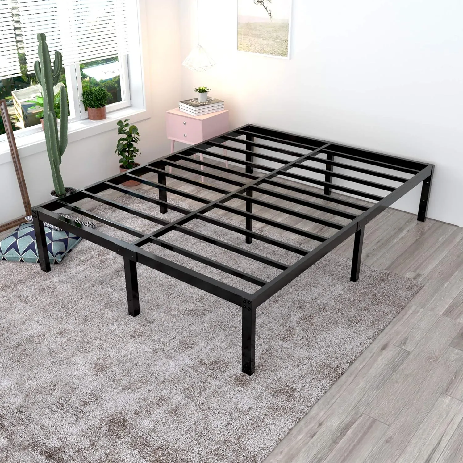 18 Inch Tall 3500lbs Heavy Duty Bed Frame Metal Platform/Maximum Storage/Mattress Foundation/Steel Slats Support/Noise Free/Box Spring Replacement,Queen