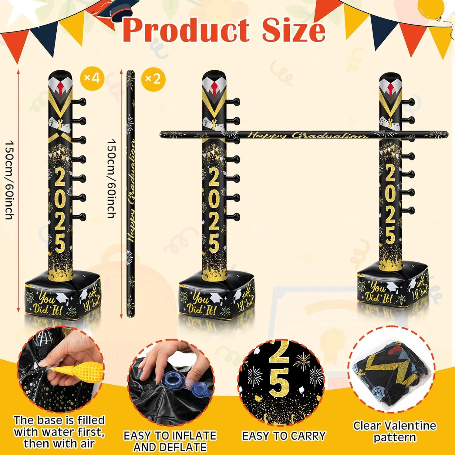 2 Pack Graduation Party Activities 2025 Congrats Grad Inflatable Limbo Stick for Adults 59 Inch Easy Setup Blow up Graduation Decorations Favors Supplies for Outdoor Beach Pool Picnic