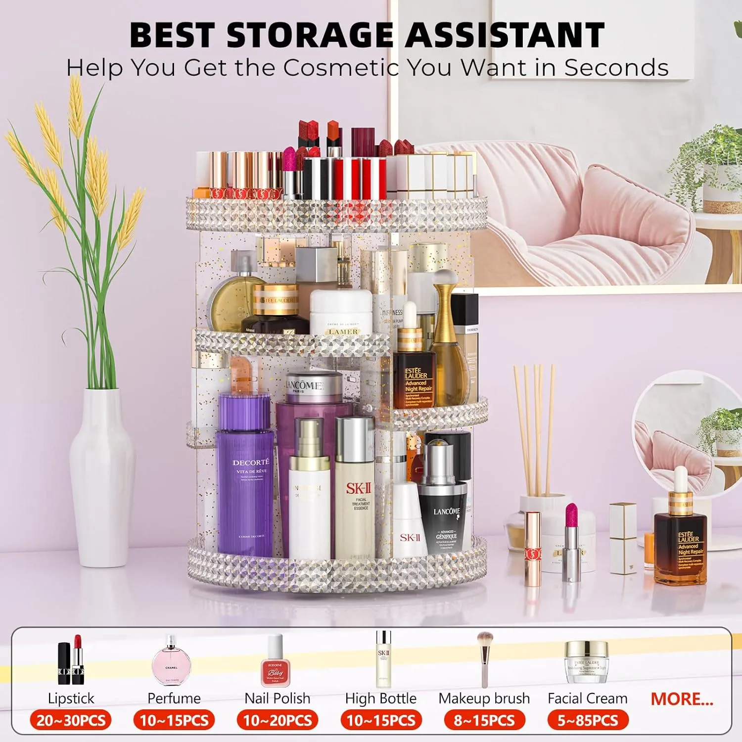 360 Degree Rotating Makeup Organizer, Extra Large Capacity Organizador De Maquillaje, Removable 7 Layers Lipstick Organizer Cosmetic Storage Cases Perfume Organizer for Vanity (Glitter)