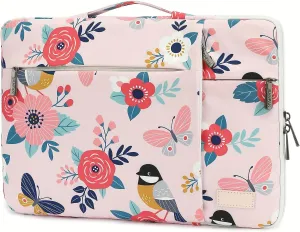 360° Protective Laptop Sleeve Case Bag with Muti-Pockets,Handle and Luggage Strap (Bird and Butterfly, 12.5 inch-13.5 inch)