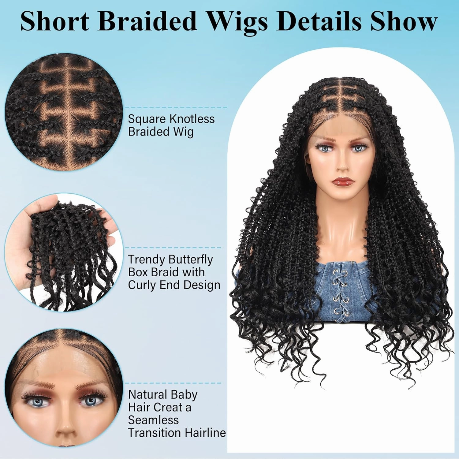 360° HD Full Lace Short Bob Braided Wigs for Women Knotless Butterfly Box Braid Wig with Baby Hair Premium Synthetic Braided Lace Front Wigs Black 24 Inch