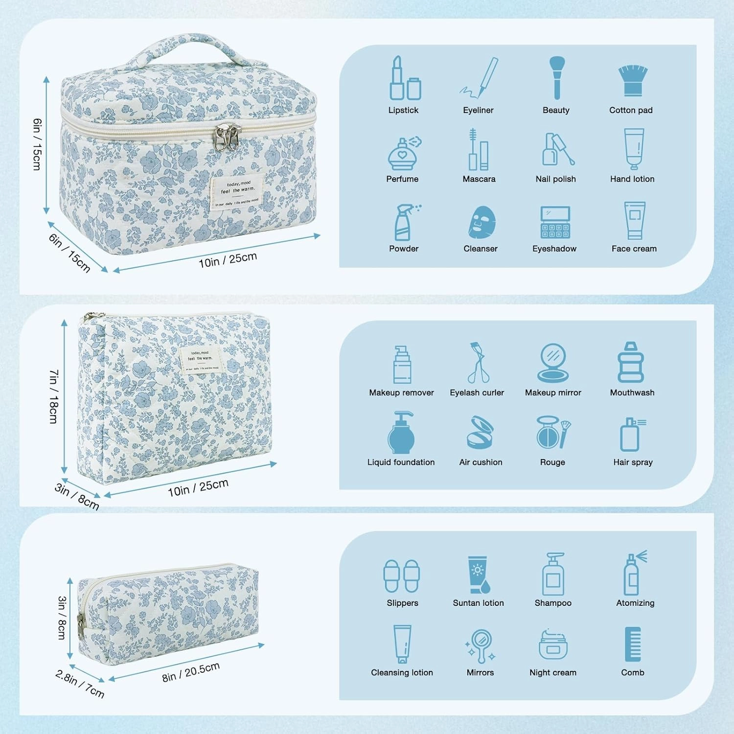 3 Sizes Pcs Cotton Quilted Makeup Bag Set, Travel Toiletry Personalized Cute Blue Floral Cosmetic Makeup Bag Extra Large Small Organizer Bags (Blue floral)