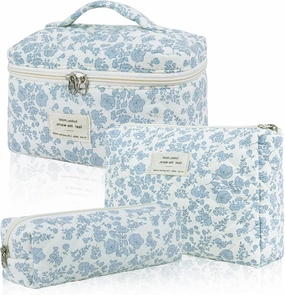 3 Sizes Pcs Cotton Quilted Makeup Bag Set, Travel Toiletry Personalized Cute Blue Floral Cosmetic Makeup Bag Extra Large Small Organizer Bags (Blue floral)