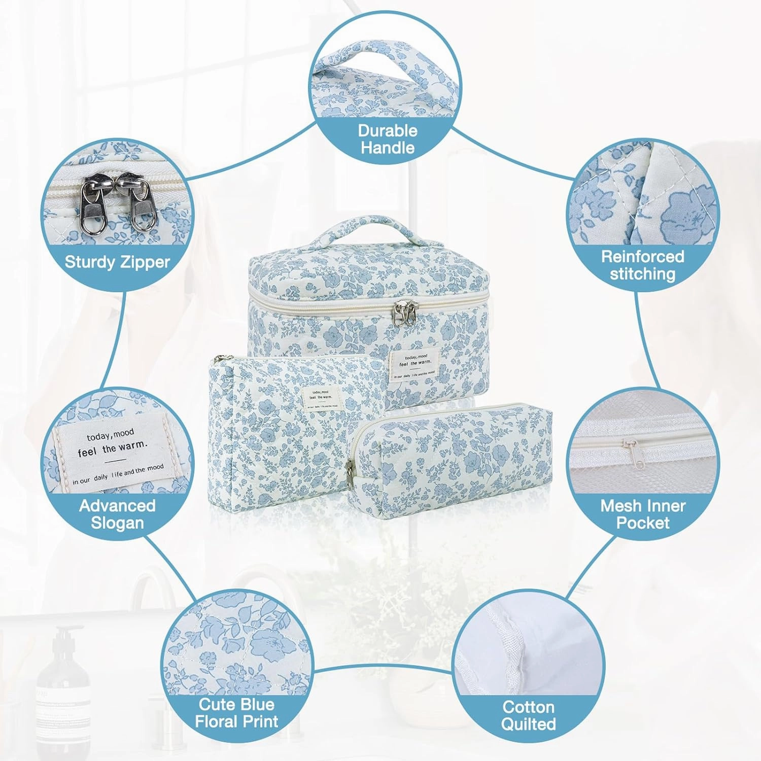 3 Sizes Pcs Cotton Quilted Makeup Bag Set, Travel Toiletry Personalized Cute Blue Floral Cosmetic Makeup Bag Extra Large Small Organizer Bags (Blue floral)