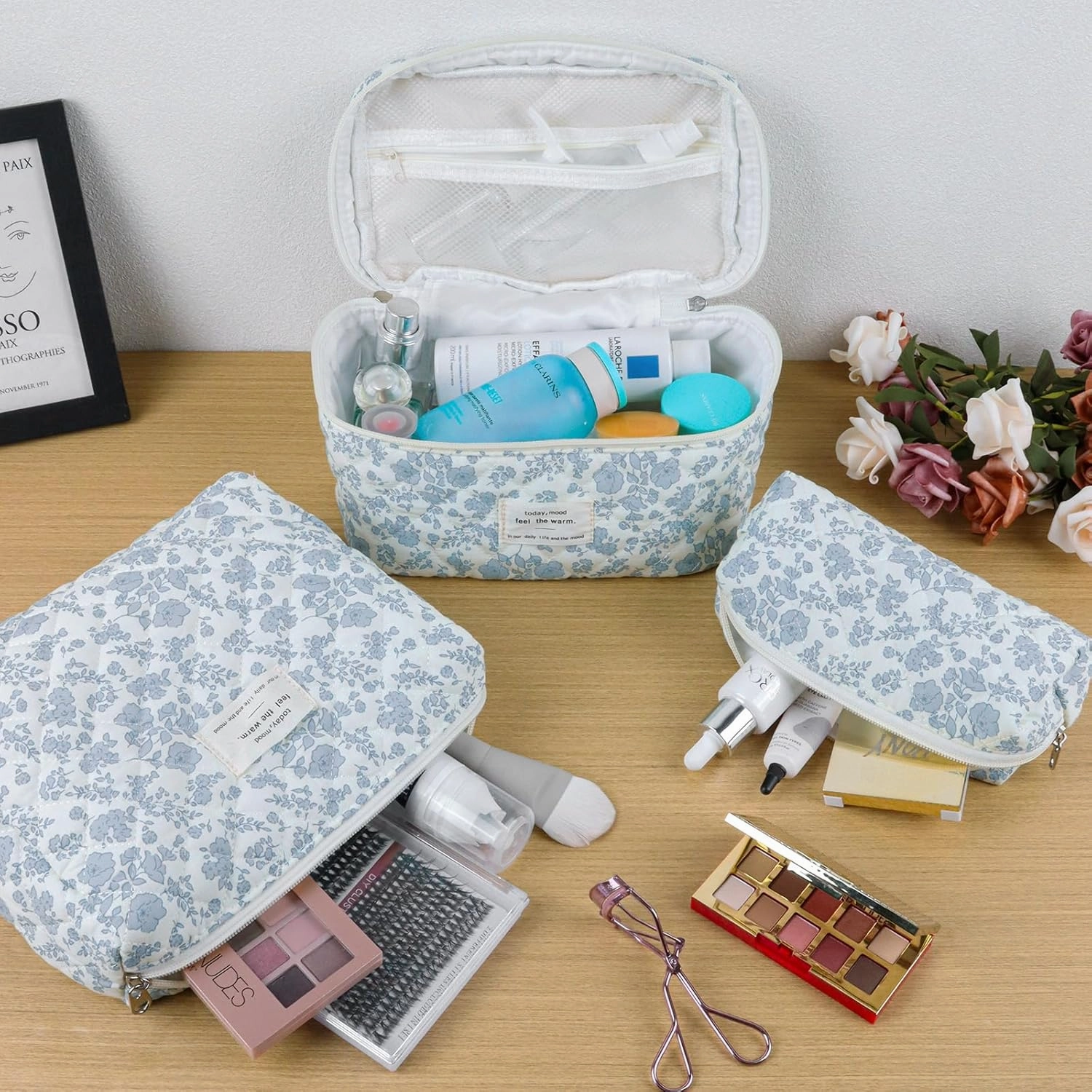 3 Sizes Pcs Cotton Quilted Makeup Bag Set, Travel Toiletry Personalized Cute Blue Floral Cosmetic Makeup Bag Extra Large Small Organizer Bags (Blue floral)