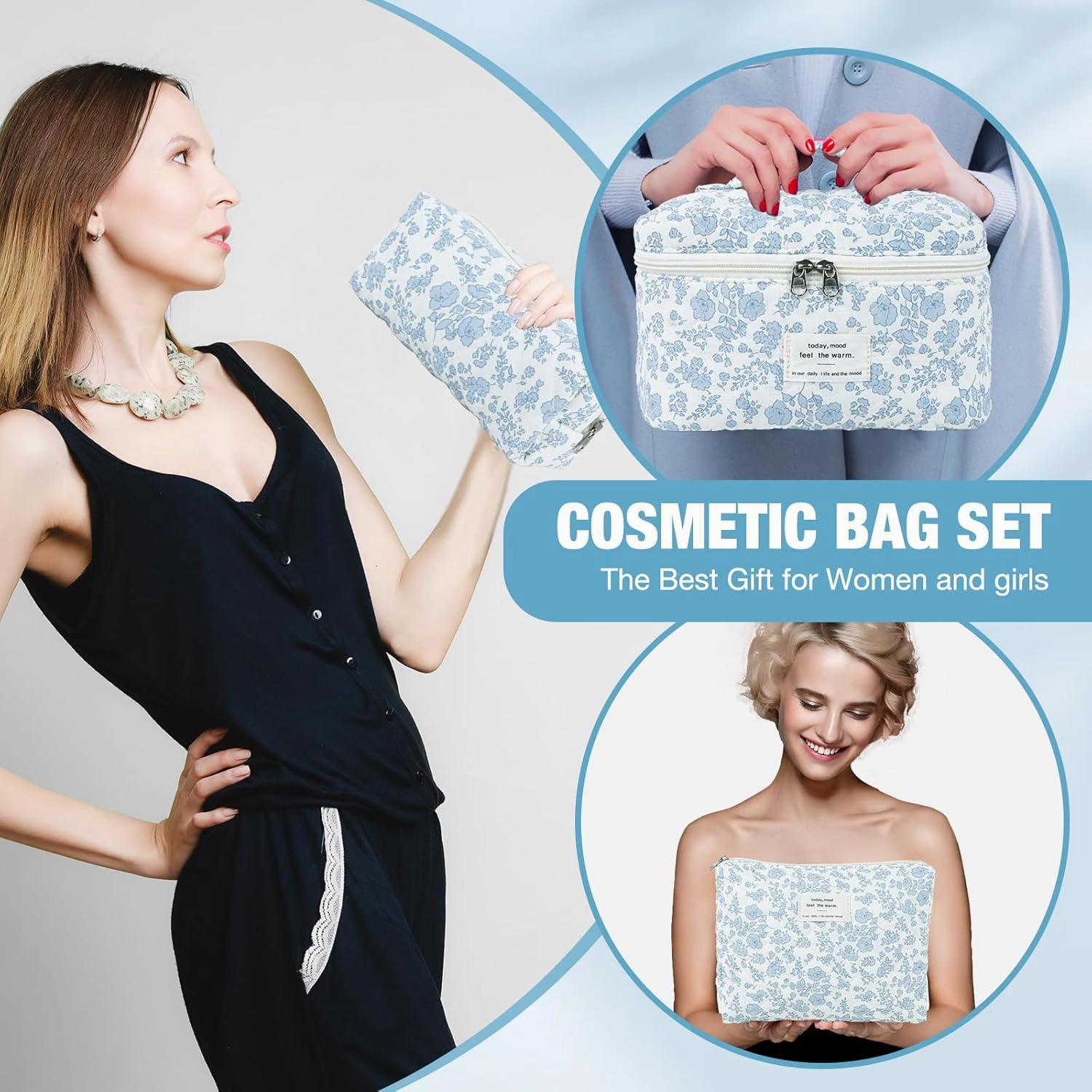 3 Sizes Pcs Cotton Quilted Makeup Bag Set, Travel Toiletry Personalized Cute Blue Floral Cosmetic Makeup Bag Extra Large Small Organizer Bags (Blue floral)
