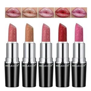 5pcs Glitter Lipstick High Impact Lipcolor,Lipstick Moisturizing Creamy Formula,Metallic Lipstick For Women For Vegan & Cruelty-Free,Full-Coverage Lip Color (#B, 20g)