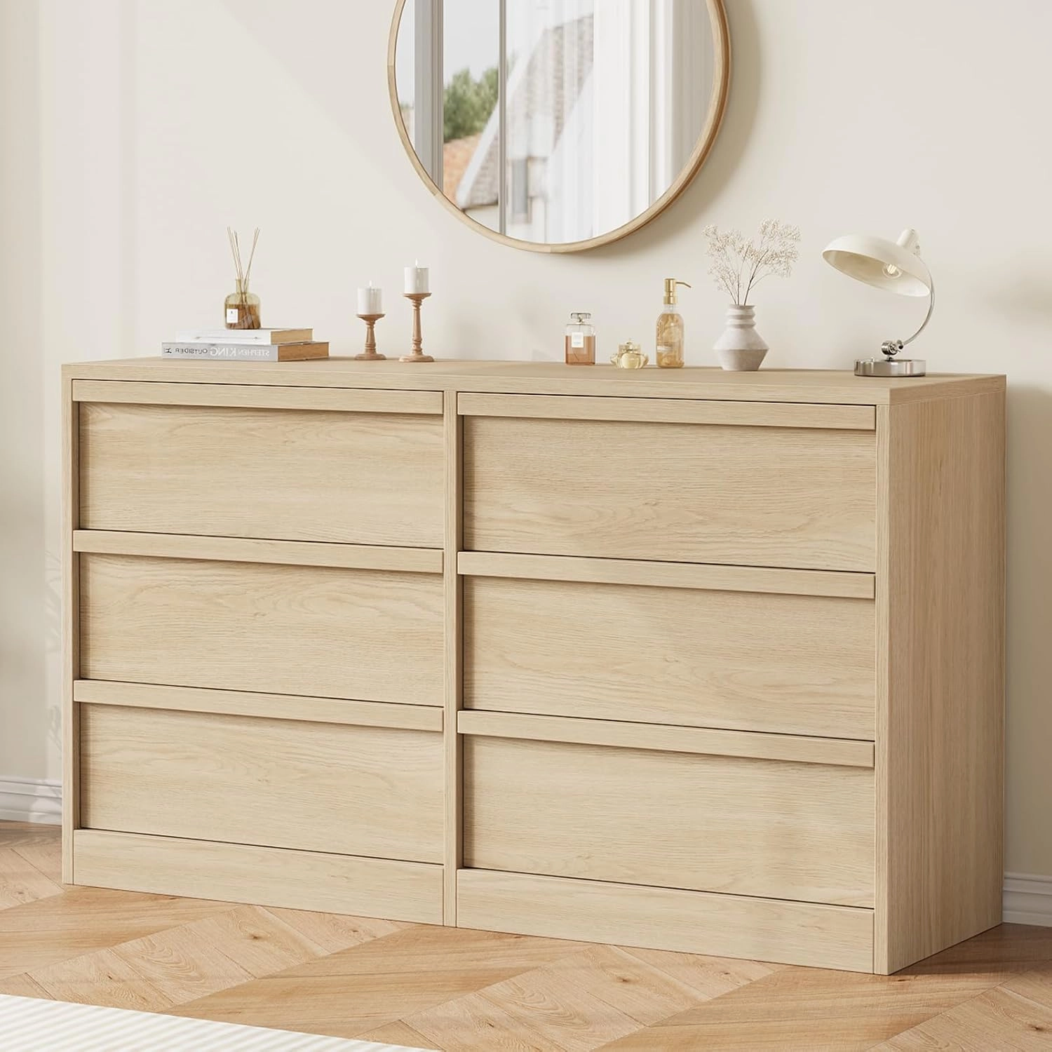 6 Drawer Dresser for Bedroom, Modern Double Dresser Organizer with 6 Drawers Large Storage, Wooden Chest of Drawers for Living Room, Nursery, Hallway - Natural