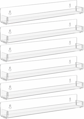 6 Pack Clear Nail Polish Rack Wall Mounted,15 inch Invisible Acrylic Floating Bookshelf,Small Toy Storage Wall Shelf Modern Picture Ledge Vinyl Record Display Shelf Holder
