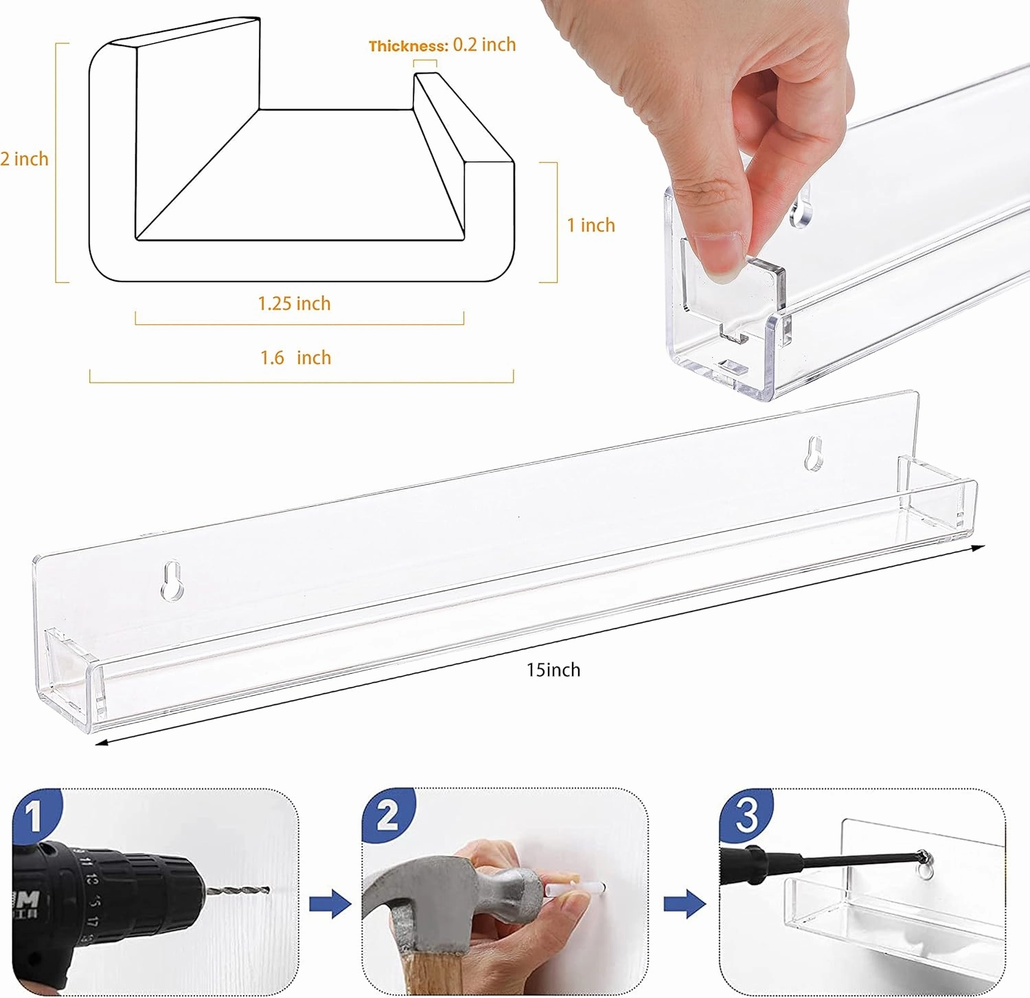 6 Pack Clear Nail Polish Rack Wall Mounted,15 inch Invisible Acrylic Floating Bookshelf,Small Toy Storage Wall Shelf Modern Picture Ledge Vinyl Record Display Shelf Holder