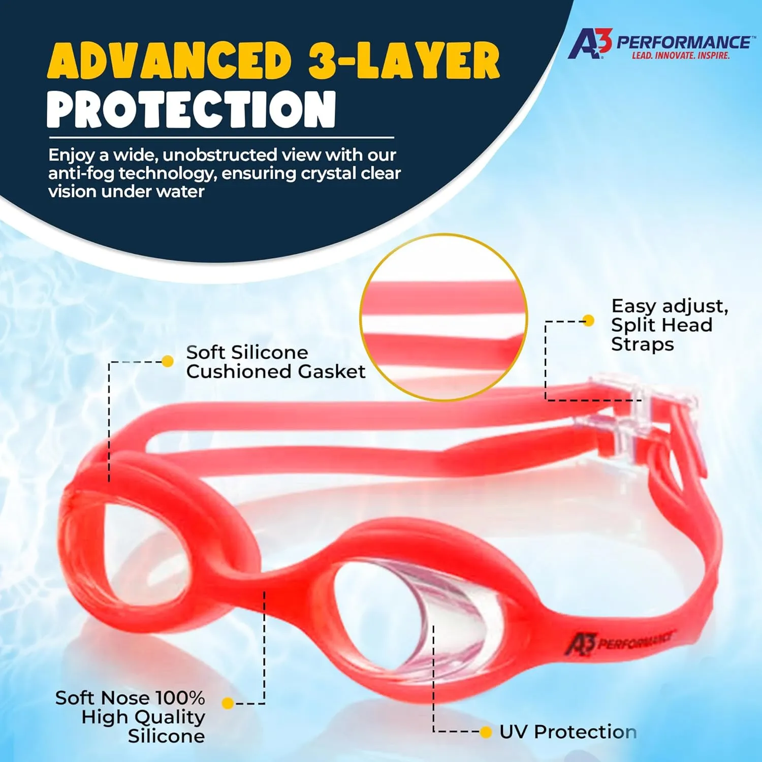 A3 Flex Youth Swim Goggles 3-10 | Leak-Free & Comfortable Kids Swim Goggles | Easy Adjust Split Head Straps