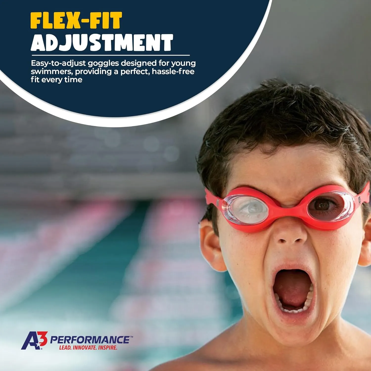 A3 Flex Youth Swim Goggles 3-10 | Leak-Free & Comfortable Kids Swim Goggles | Easy Adjust Split Head Straps