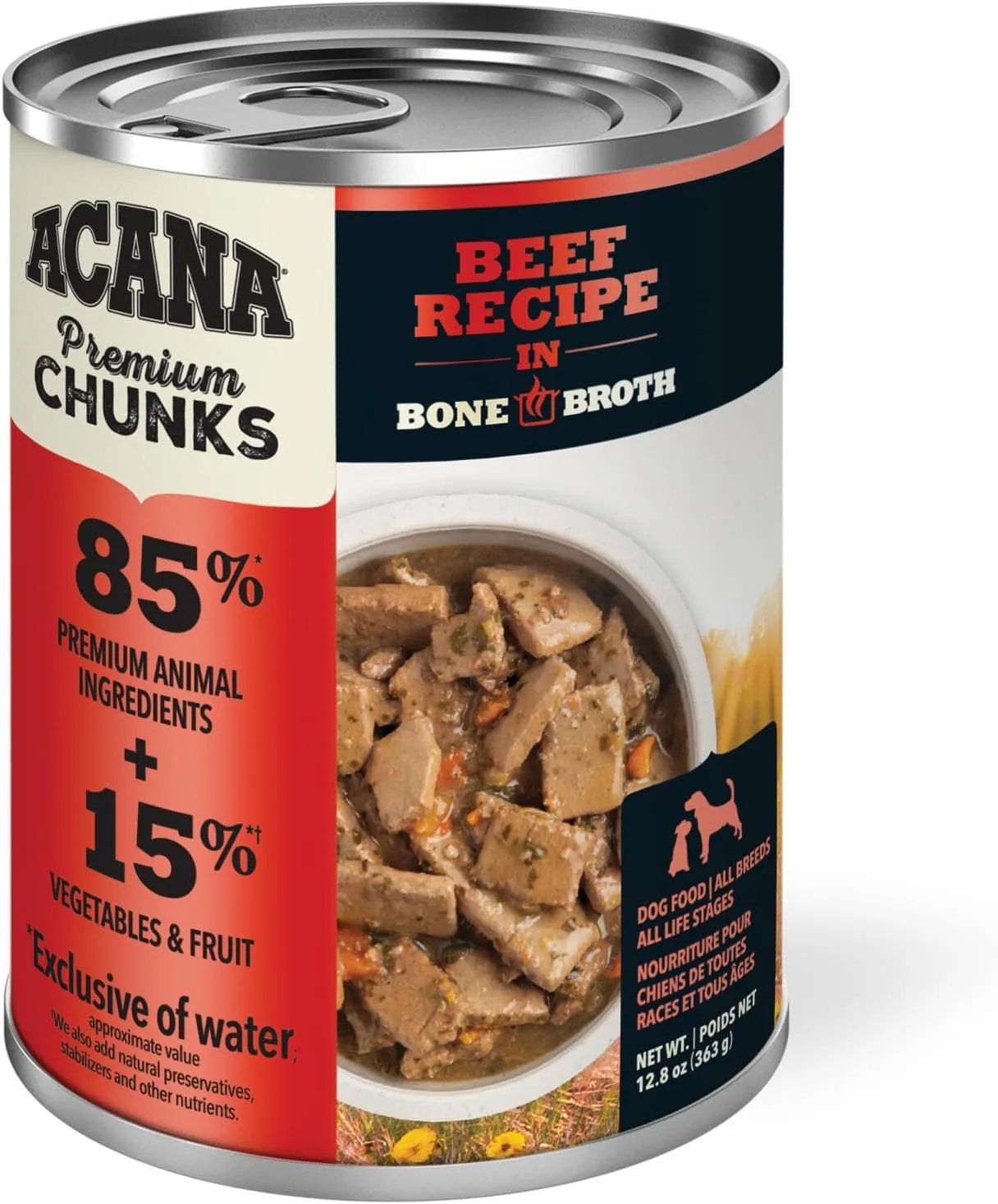 ACANA Premium Chunks Wet Dog Food, Beef Recipe in Bone Broth, 12.8oz (Case of 12)