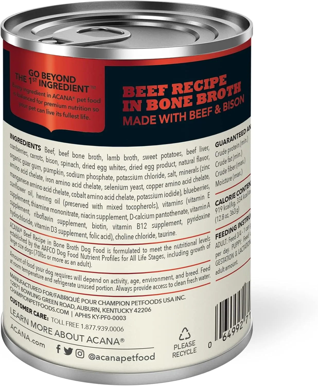 ACANA Premium Chunks Wet Dog Food, Beef Recipe in Bone Broth, 12.8oz (Case of 12)
