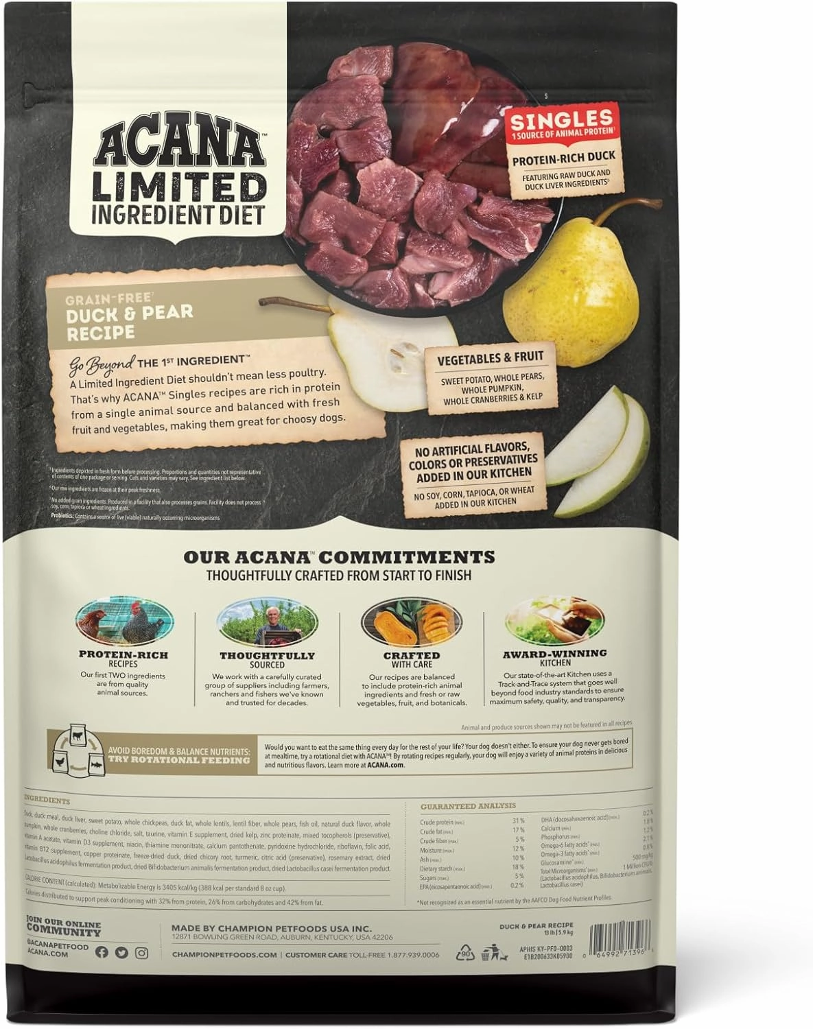 ACANA Singles Limited Ingredient Dry Dog Food, Duck & Pear Recipe, Single Protein Source Dog Food Kibble, 13lb