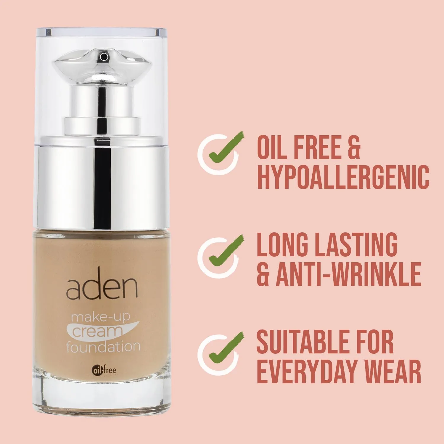 aden Cream Foundation – 15ml – Oil Free & Hypoallergenic – Long lasting & Anti-Wrinkle – Light Coverage Foundation – Made in Italy (02 Natural)