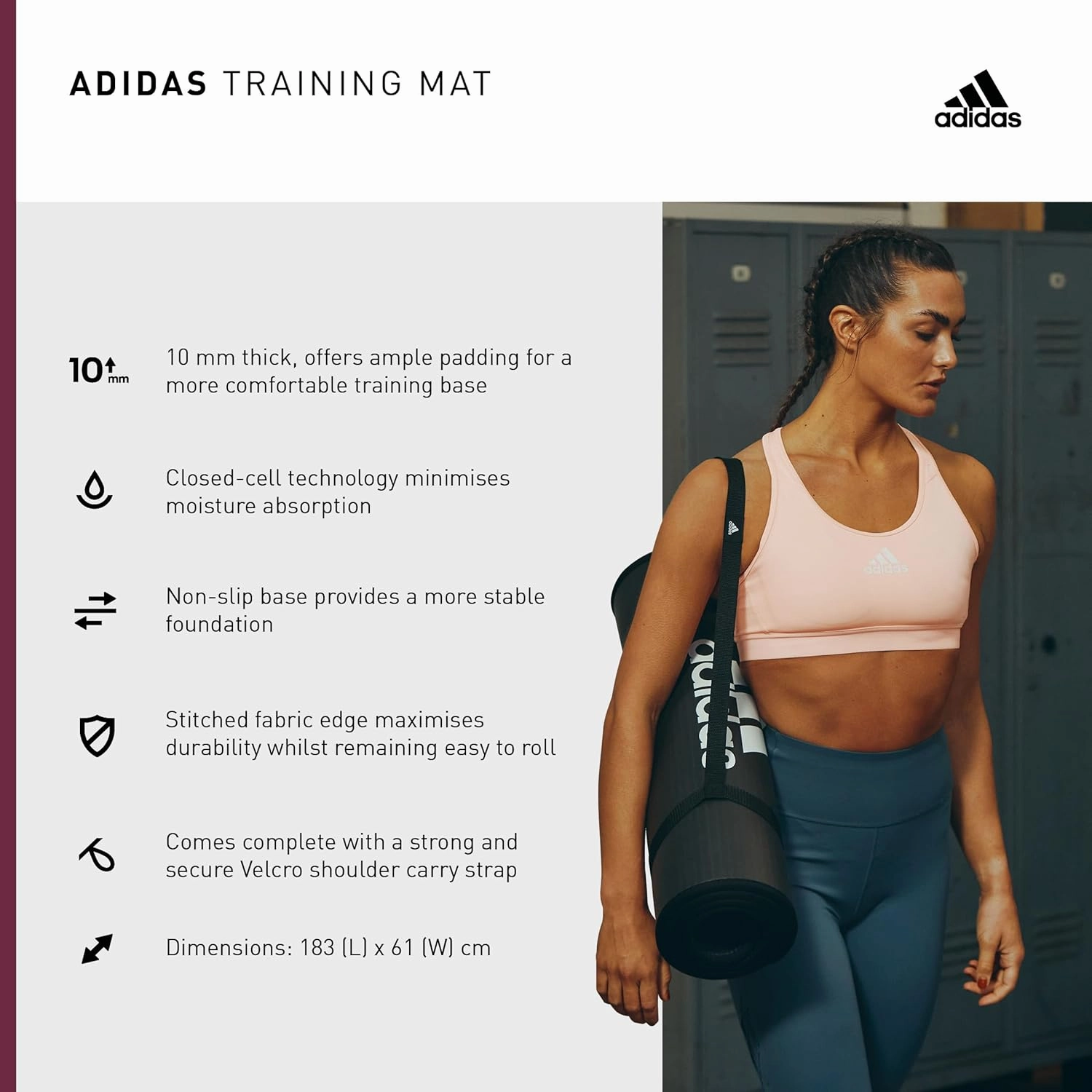 adidas 10mm Extra Thick Training Mat with Carrying Strap and Non-Slip Textured Base - Cushioned Workout Mat for Home Gym, Floor Workouts, and Intense Exercises - Portable and Durable