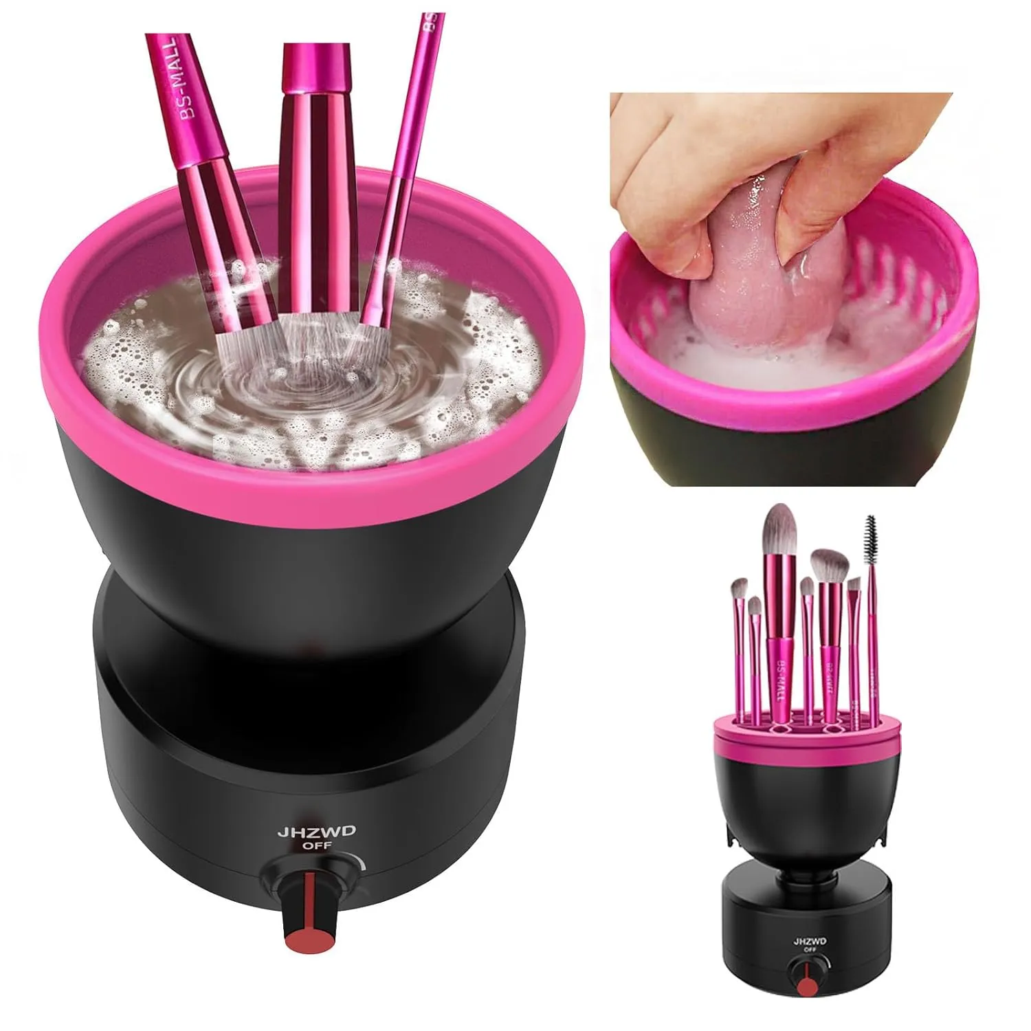 Adjustable Speed Makeup Brush Cleaner Machine, Electric Makeup Sponge Cleaner, Automatic Cosmetic Silicone Cleaning Bowl with Brush Holder Lid- Liquid Foundation, Contour, Eyeshadow, Blush Brush