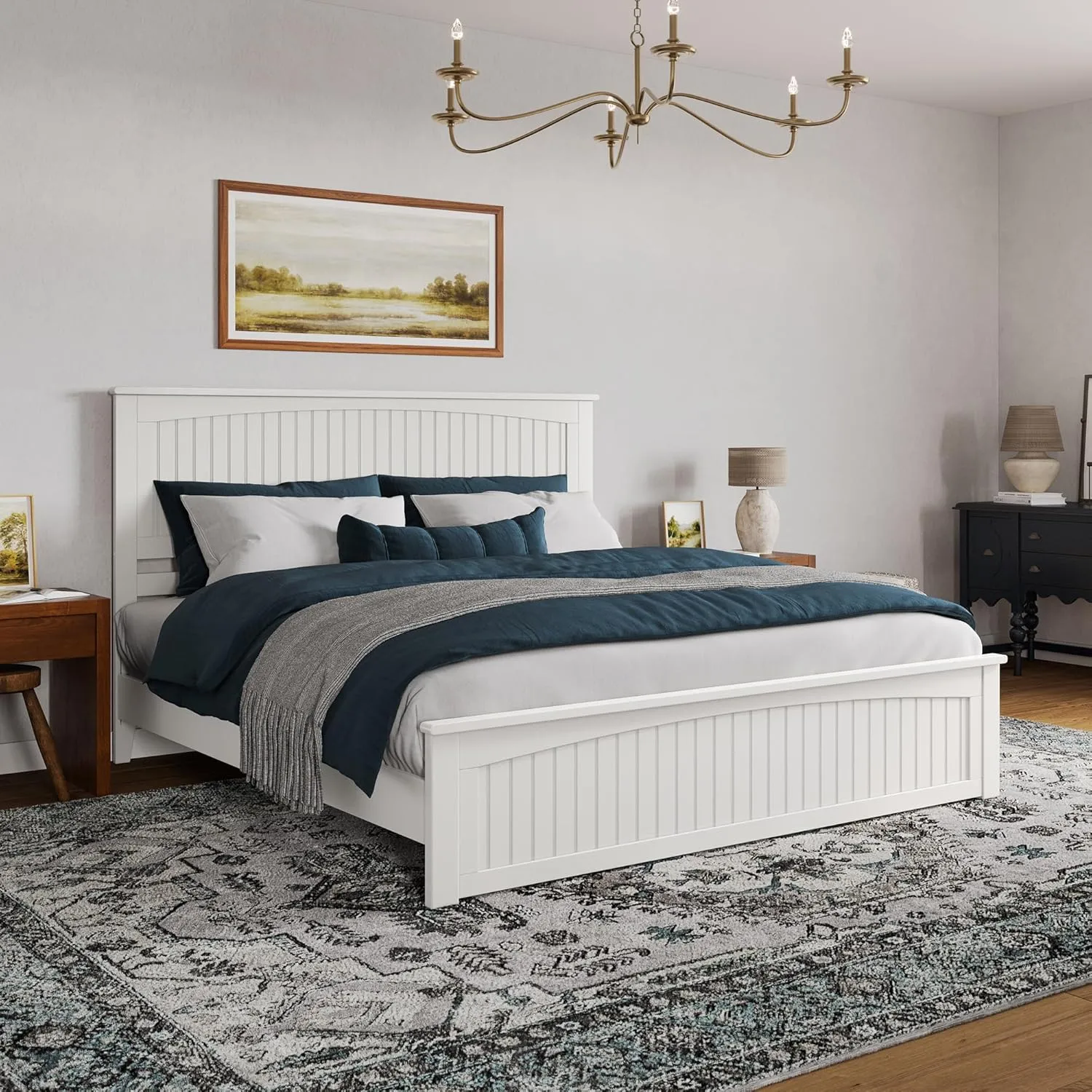 AFI Naples King Solid Wood Low Profile Platform Bed with Matching Footboard in White
