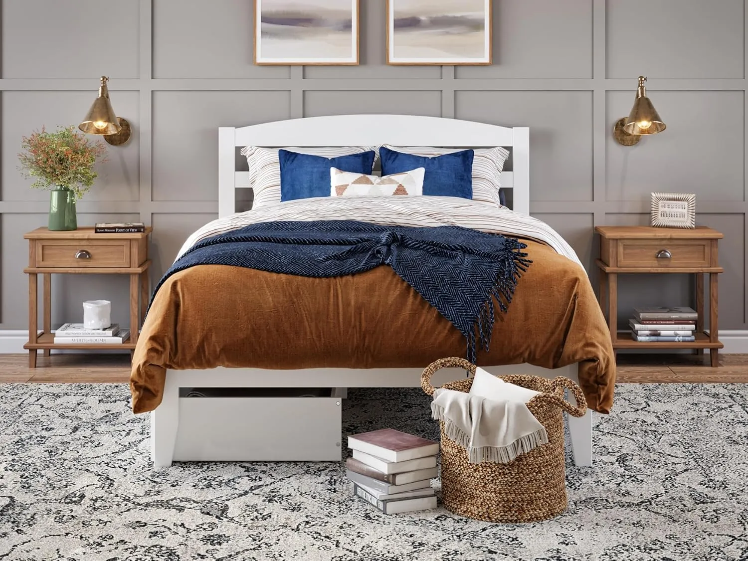 AFI, Warren Full Platform Bed with Storage Drawers (Set of 2) and Attachable USB Charger, White