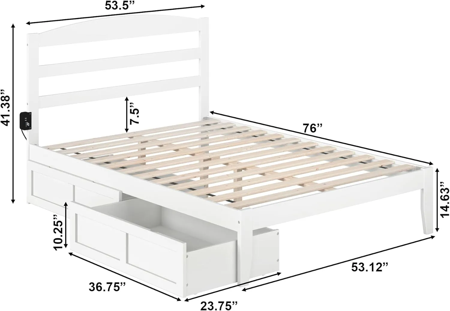 AFI, Warren Full Platform Bed with Storage Drawers (Set of 2) and Attachable USB Charger, White
