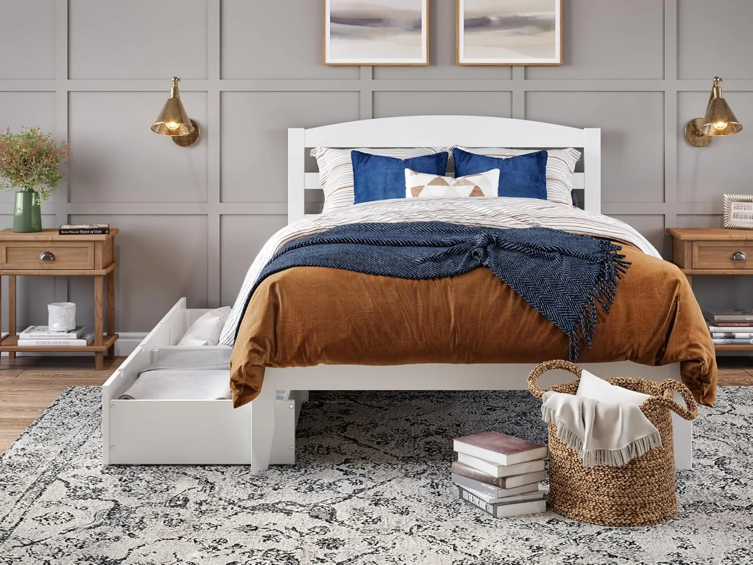 AFI, Warren Full Platform Bed with Storage Drawers (Set of 2) and Attachable USB Charger, White