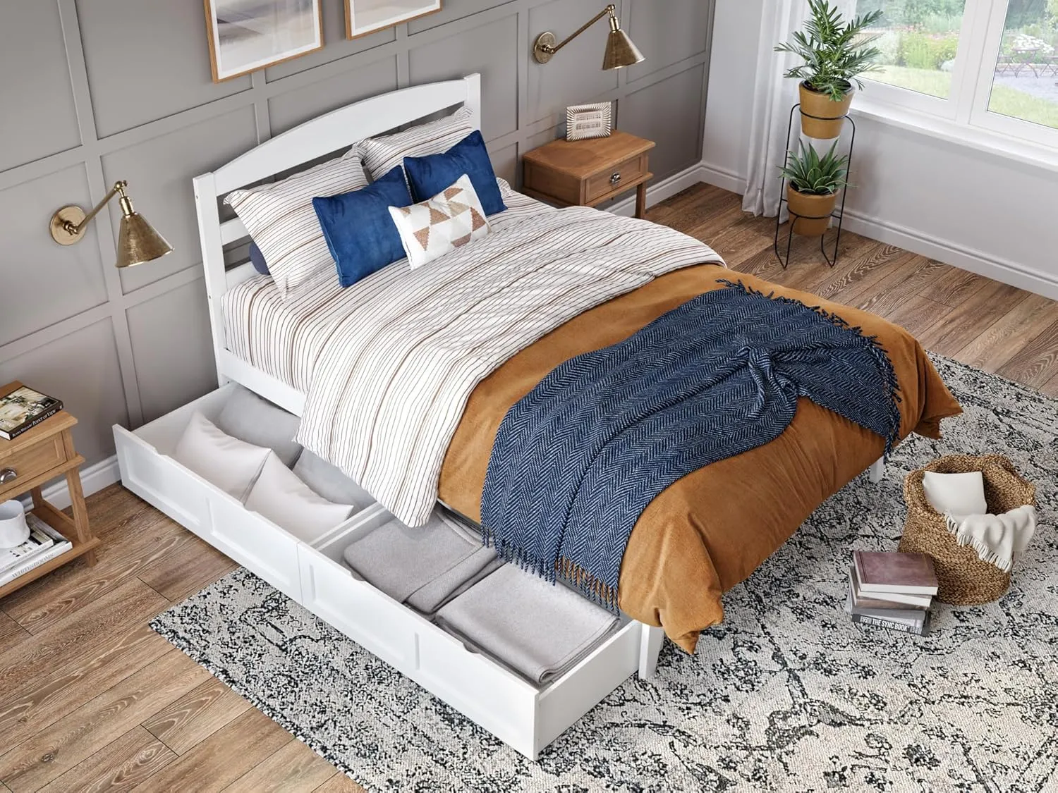 AFI, Warren Full Platform Bed with Storage Drawers (Set of 2) and Attachable USB Charger, White
