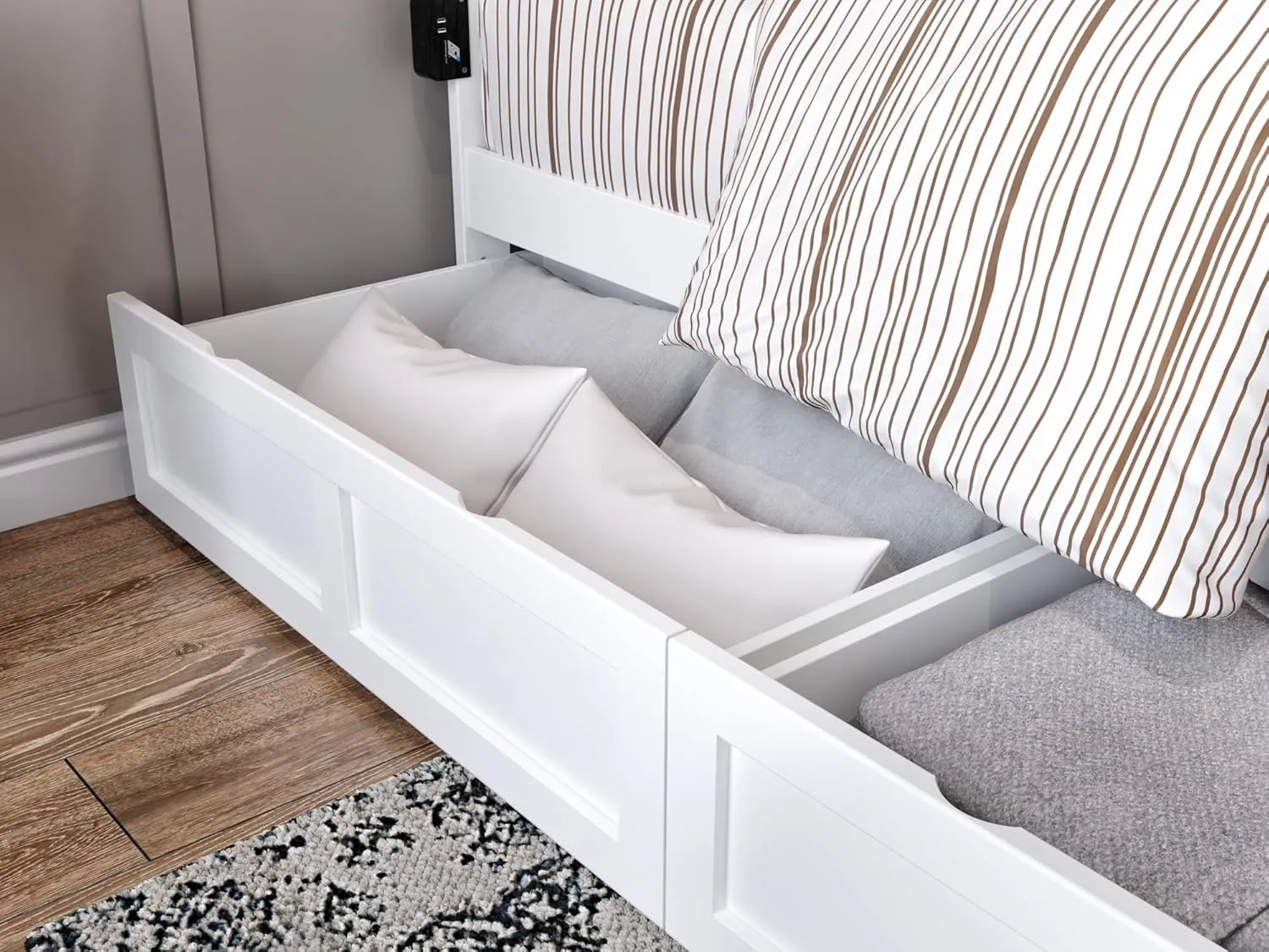 AFI, Warren Full Platform Bed with Storage Drawers (Set of 2) and Attachable USB Charger, White