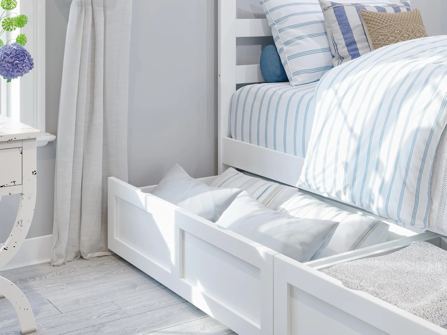 AFI Warren Twin Size Platform Bed with Footboard, Storage, & Charging Station in White