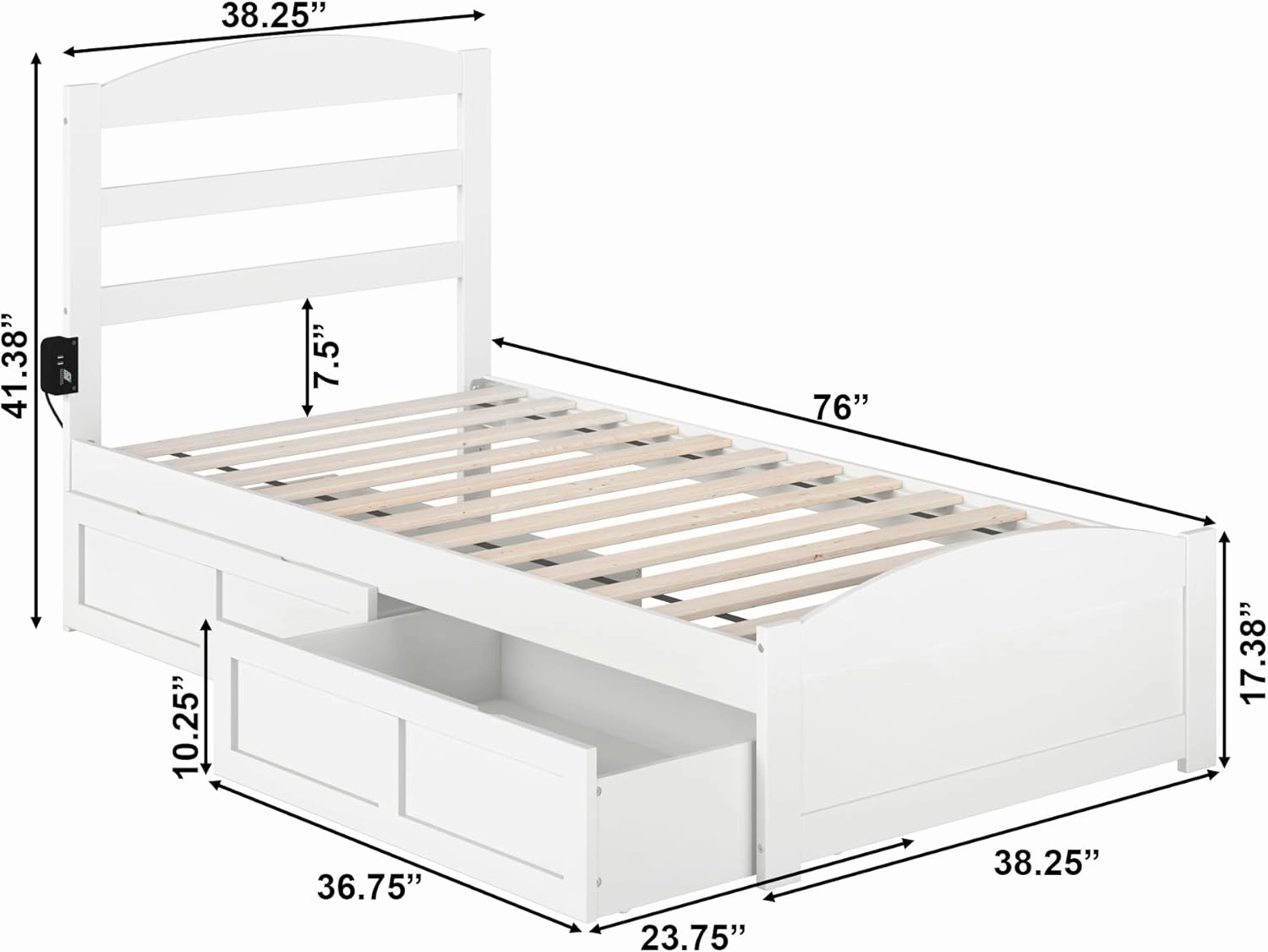 AFI Warren Twin Size Platform Bed with Footboard, Storage, & Charging Station in White