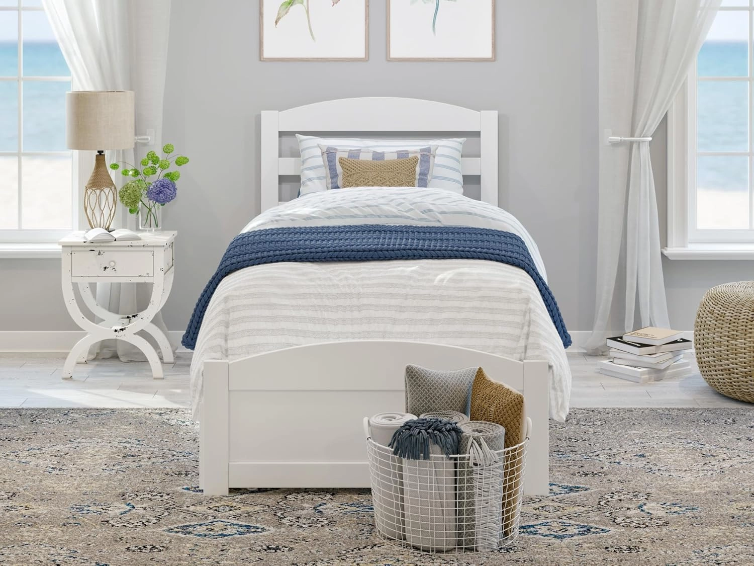 AFI Warren Twin Size Platform Bed with Footboard, Storage, & Charging Station in White