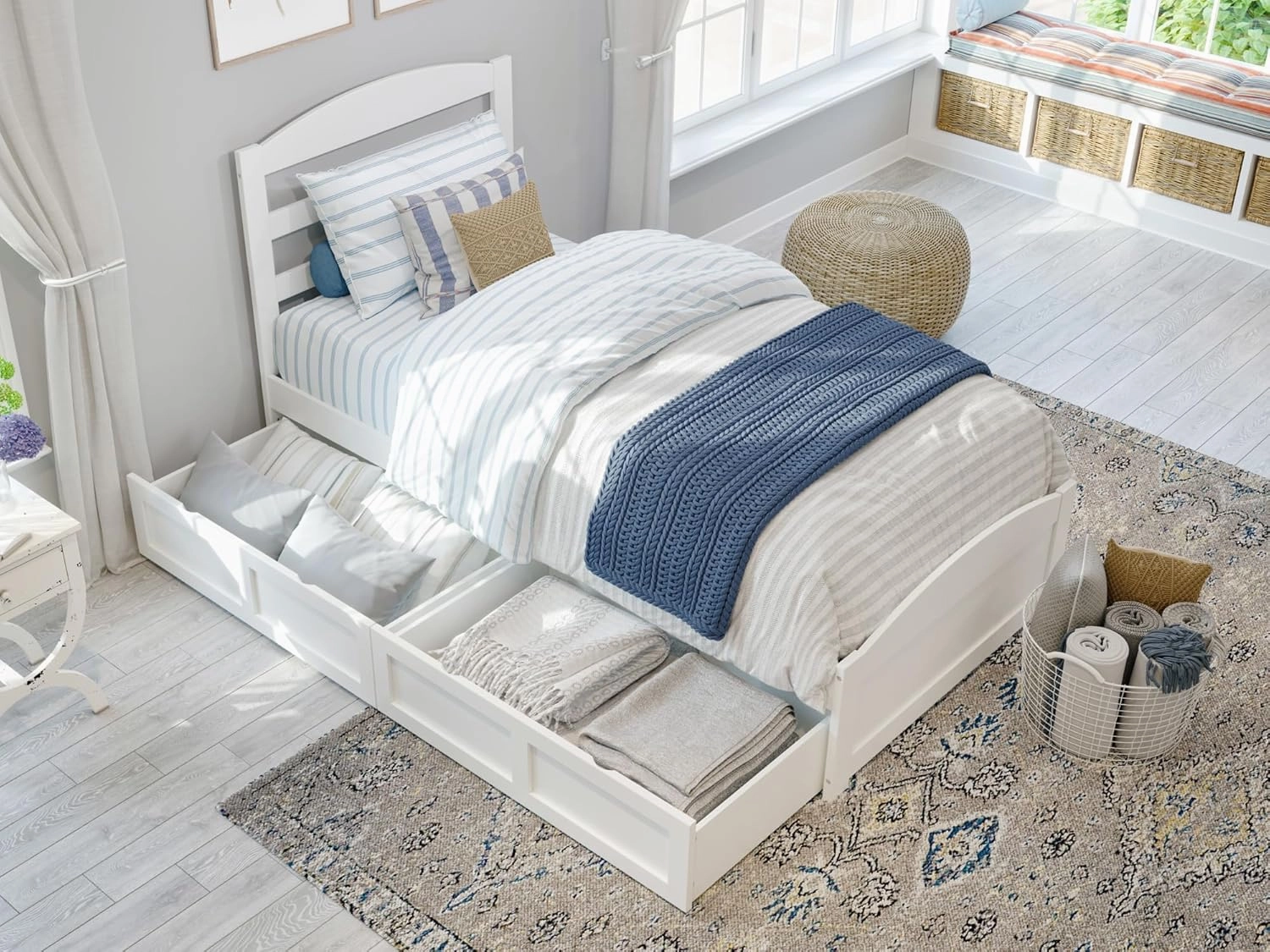 AFI Warren Twin Size Platform Bed with Footboard, Storage, & Charging Station in White