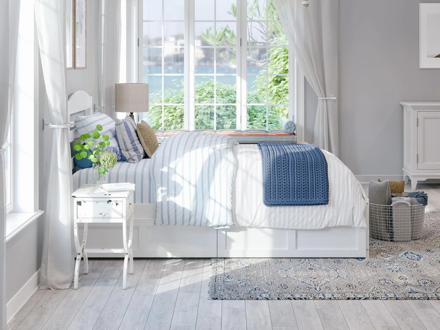 AFI Warren Twin Size Platform Bed with Footboard, Storage, & Charging Station in White