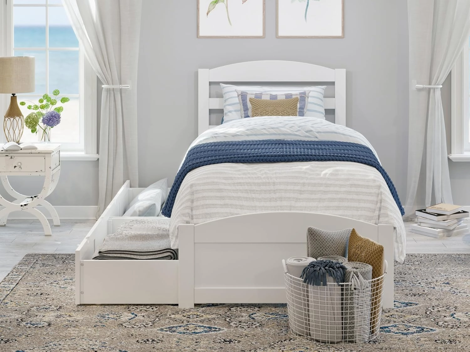 AFI Warren Twin Size Platform Bed with Footboard, Storage, & Charging Station in White