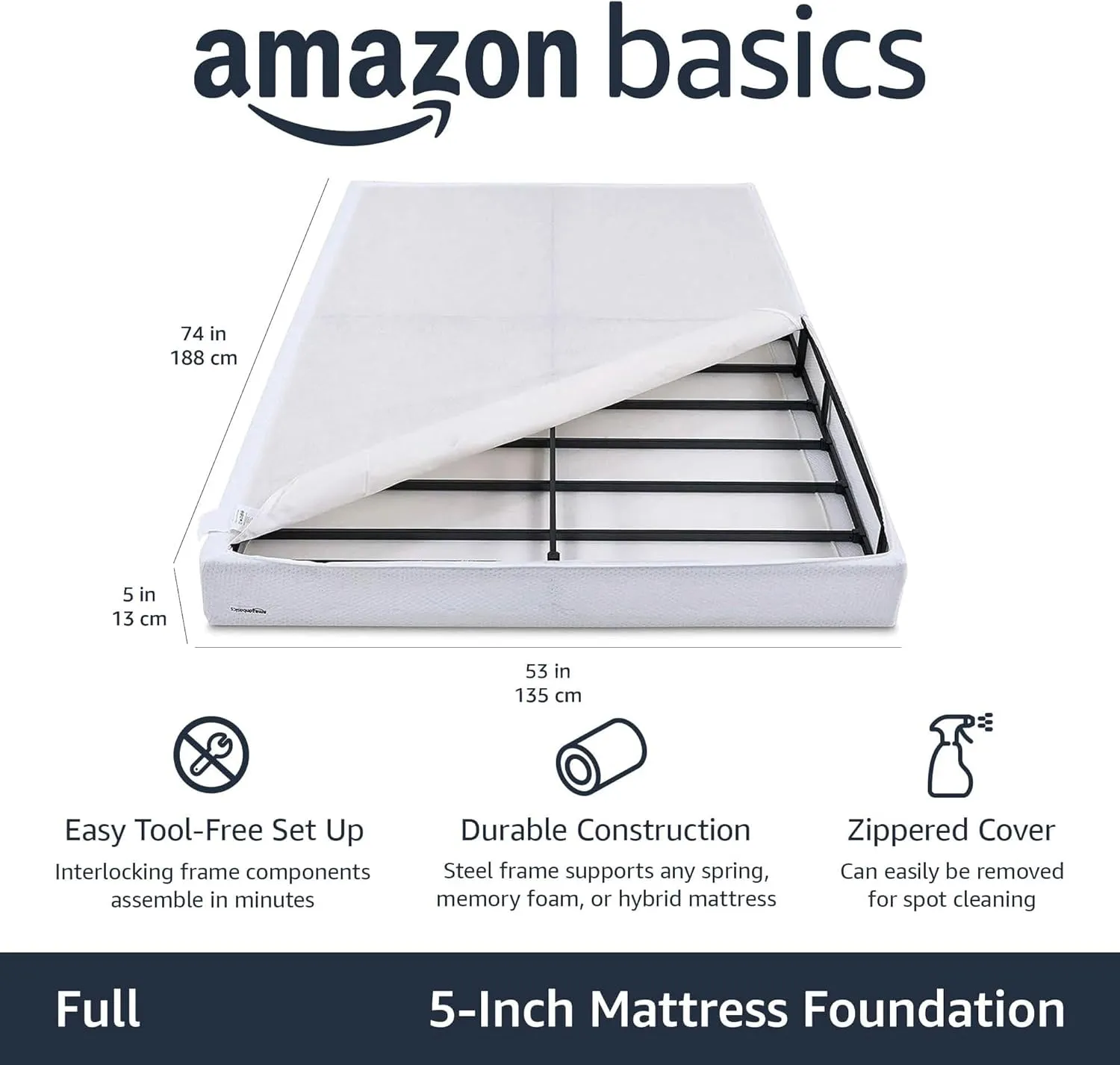 Amazon Basics Smart Box Spring Bed Base, 5-Inch Height Mattress Foundation, Tool-Free Easy Assembly, Full, 74"L x 53"W x 5"H, White