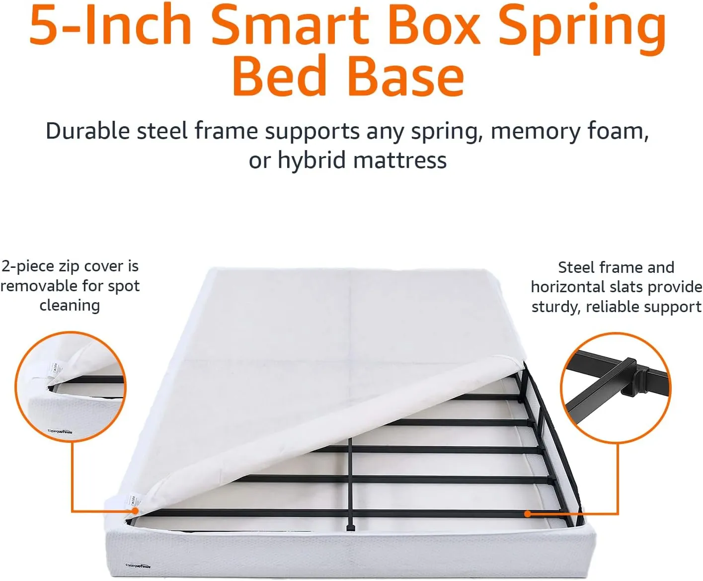Amazon Basics Smart Box Spring Bed Base, 5-Inch Height Mattress Foundation, Tool-Free Easy Assembly, Full, 74"L x 53"W x 5"H, White