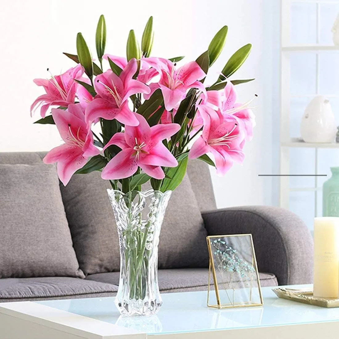 Artificial Tiger Lily Latex Real Touch Flower Home Wedding Party Decor,Pack of 5 (Pink)