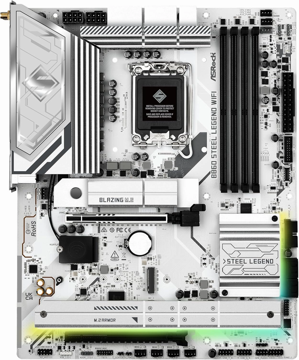 ASRock B860 Steel Legend WiFi 6E LGA1851 Intel Core Ultra (Series 2) DDR5 8666  (OC) MHz 256GB M.2 ATX Motherboard Thunderbolt SATA3 6.0 Gb/s PCIe 5.0 2.5G LAN HDMI DisplayPort BIOS Flashback